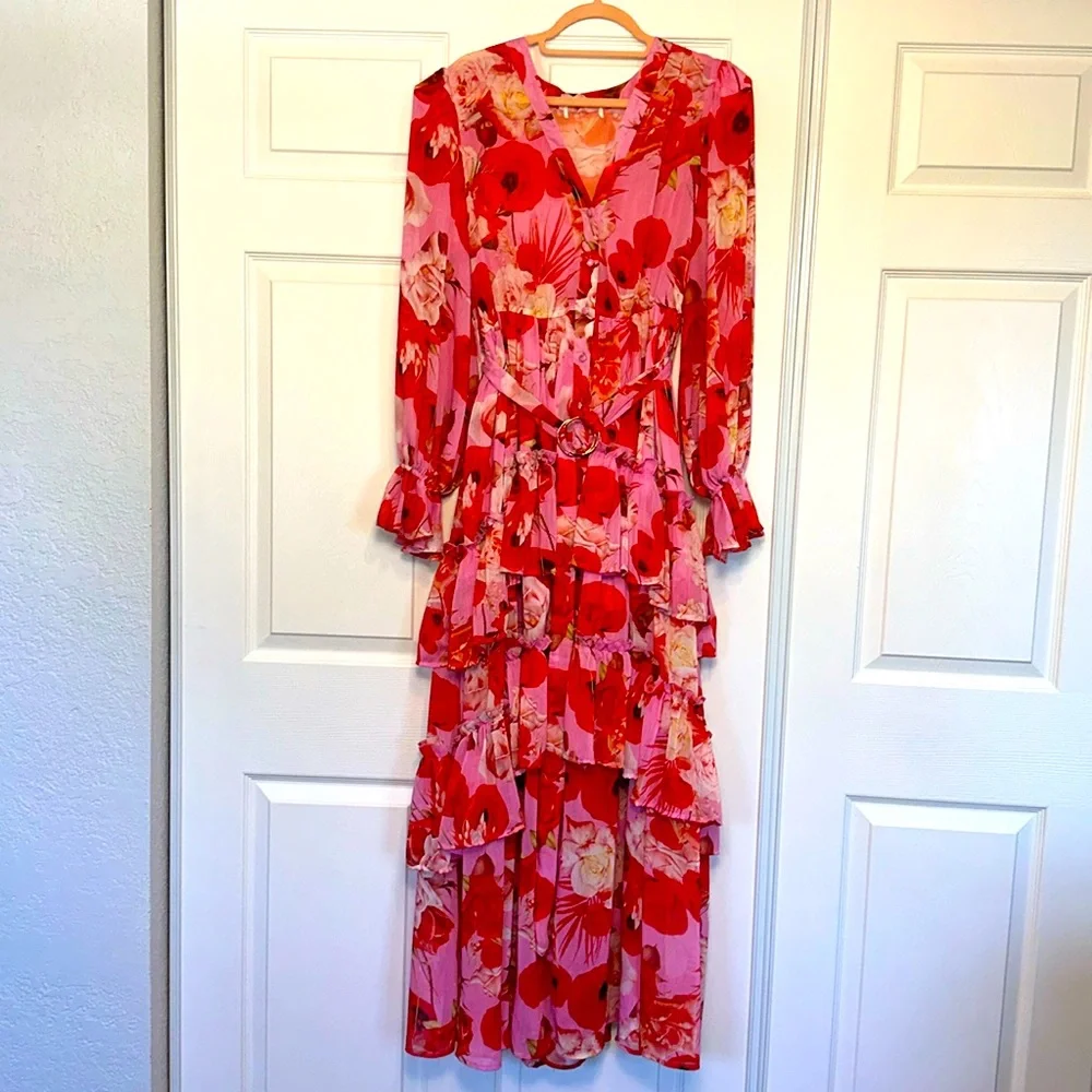 L'ATISTE Red and Pink Floral Maxi Dress - Picture 1 of 3